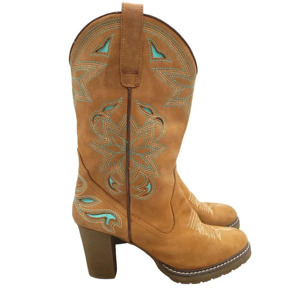Roper Western Boots Womens 9.5 Cowgirl Brown Blue Leather Heels Slip On